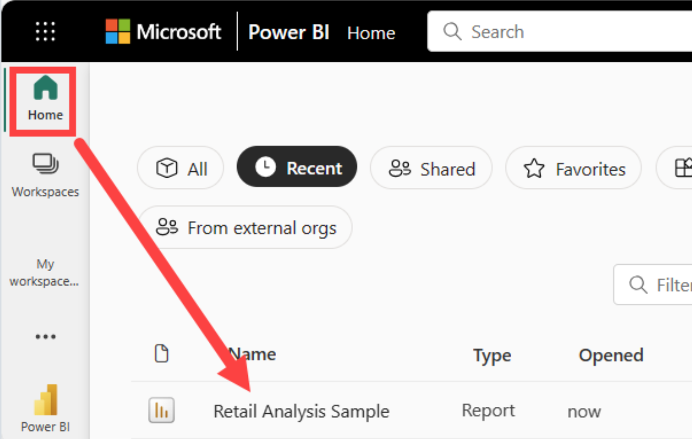 Screenshot of a report in the Recent section on the Home page.