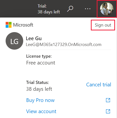 Screenshot of the profile menu with the Sign out option highlighted.