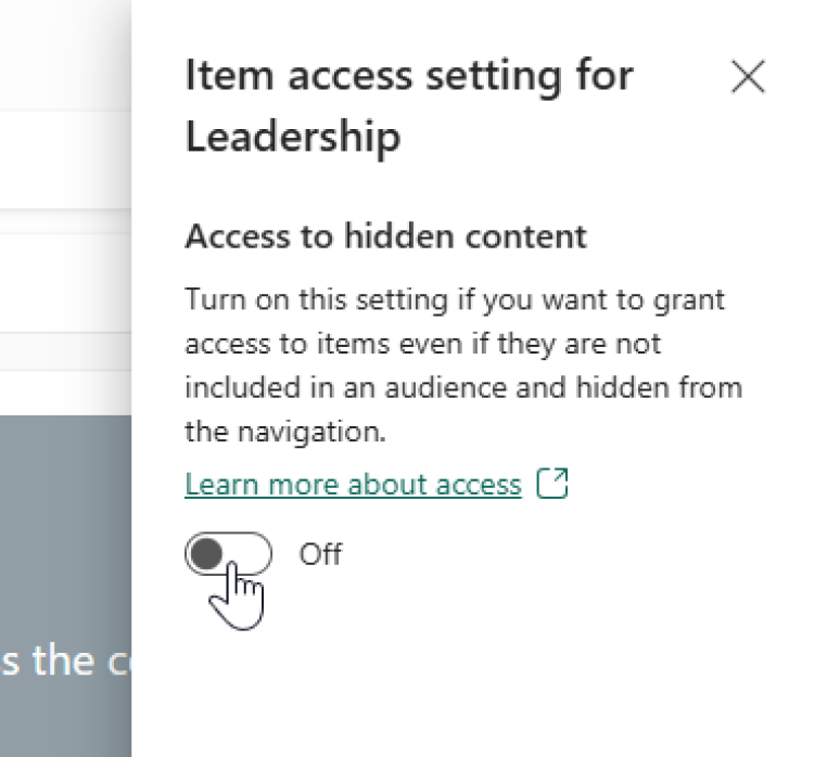 Screenshot of the audience item access setting pane for hidden content.