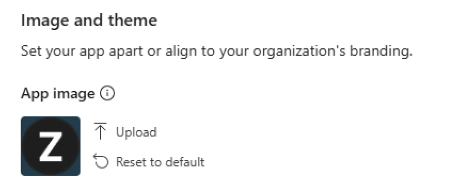 Screenshot of the Branding tab in Customize, showing App image with Upload and Reset to default options.