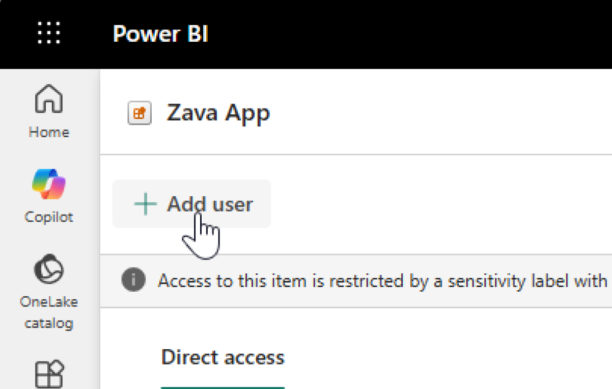 Screenshot of the Direct access tab in org app access management showing the Add user button.