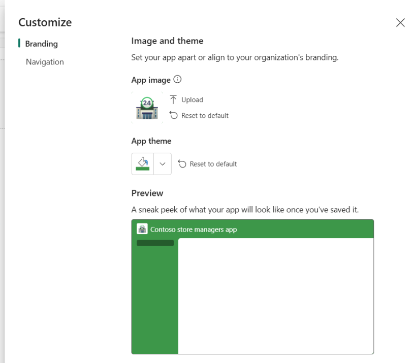 Screenshot of the org app customize pane from authoring.