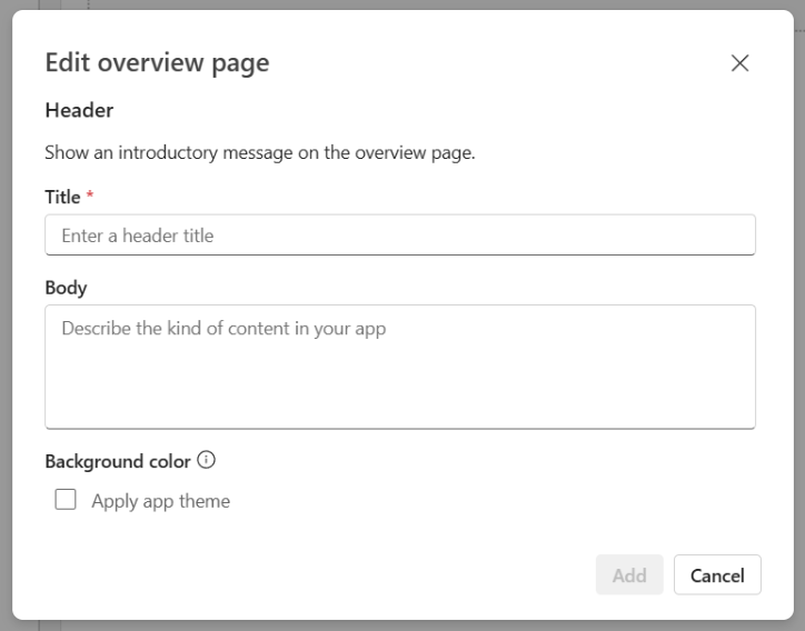 Screenshot showing how to edit org app overview header.