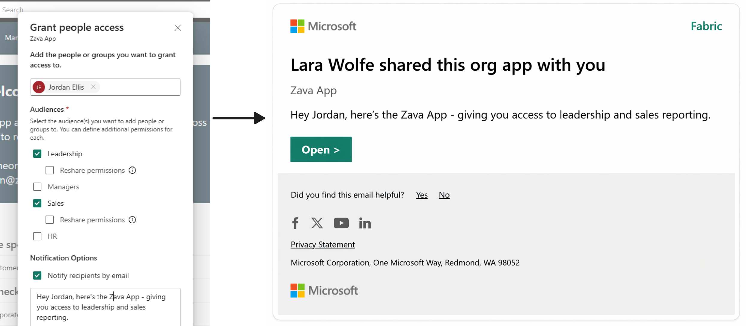 Screenshot showing the Grant people access dialog with audience selection and the resulting email notification for an org app.