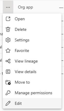 Screenshot of the org app more menu with edit hover.