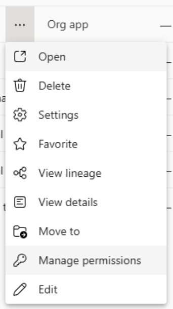 Screenshot of the more menu from an org app item in a workspace list.