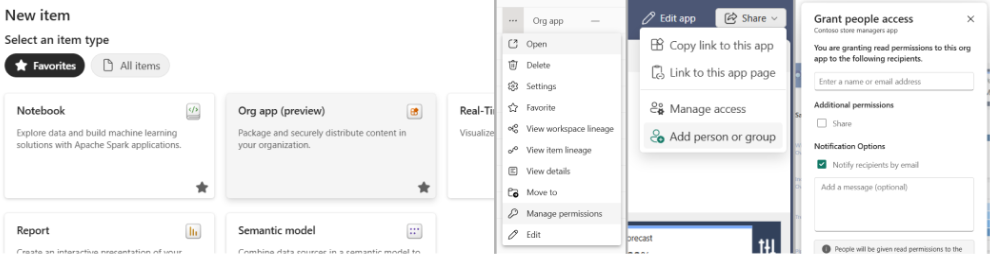 Collage image of managing an org app item.