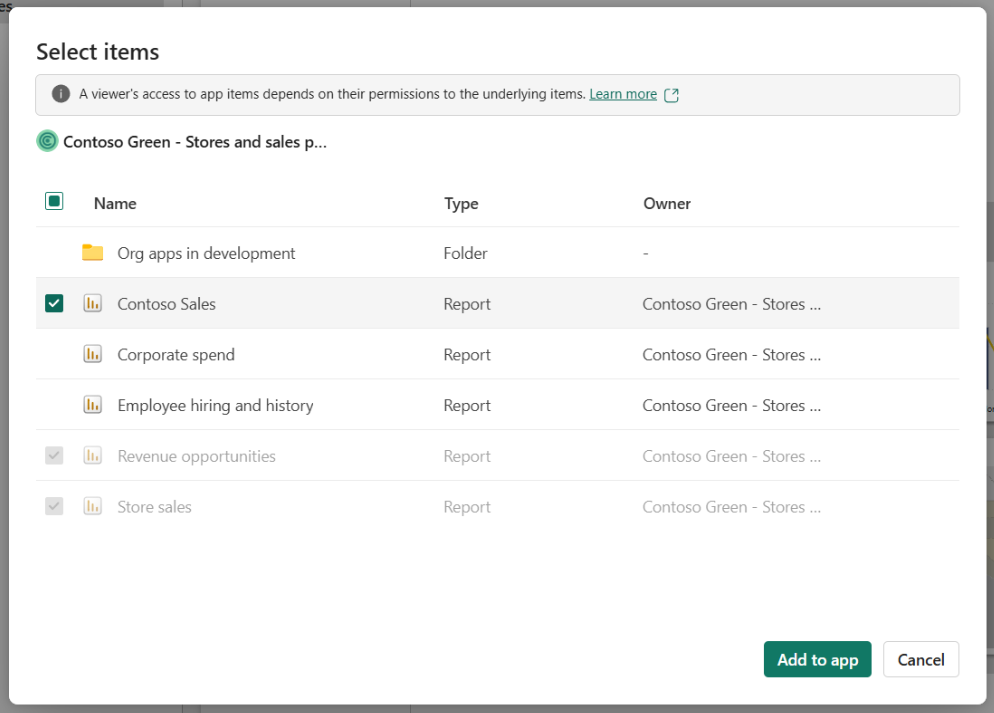 Screenshot of the org app item picker for adding content.