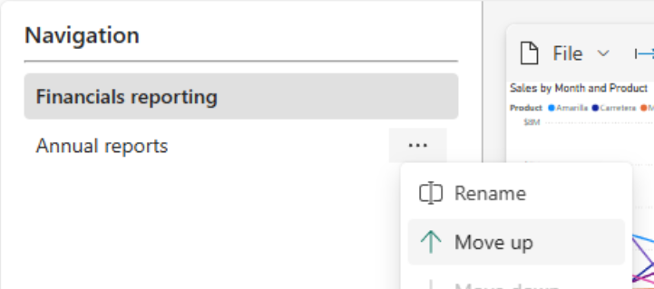 Screenshot showing how to move up a navigation element in an org app.
