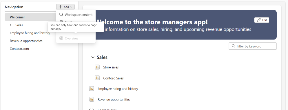 Screenshot showing tooltip for one only overview per org app.