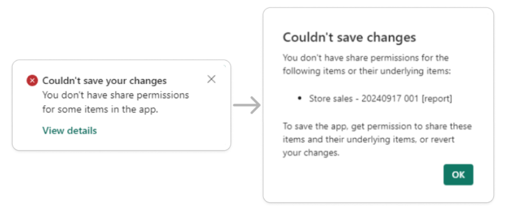 Screenshot showing the save error flow when user has insufficient share permissions.