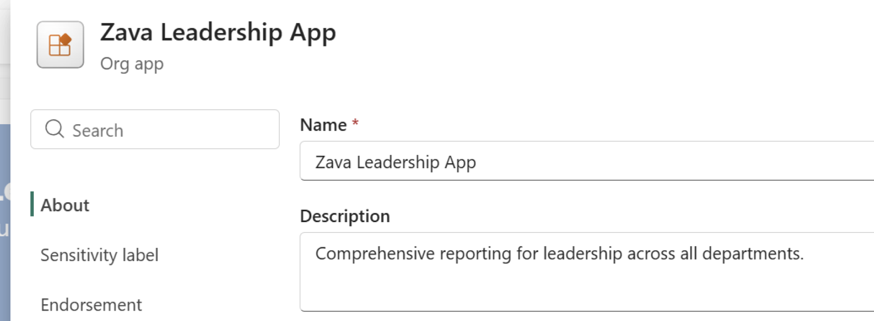 Screenshot of the org app Settings pane on the About tab with Name and Description fields.