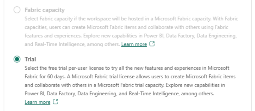 Screenshot of Fabric trial and capacity workspace types.
