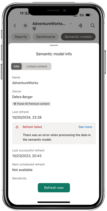 Screenshot of semantic model info page in the Power BI mobile app.