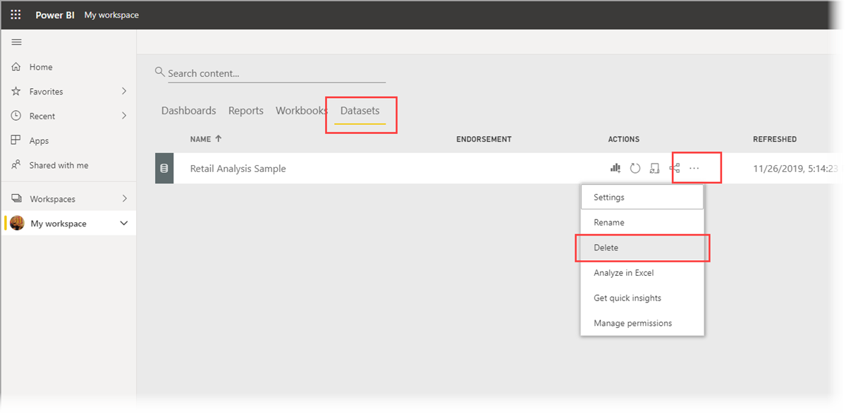 Screenshot of Power BI service semantic models menu with Delete option for removing Retail Analysis data.