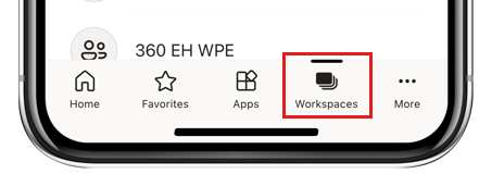 Screenshot of Power BI iOS app showing the Workspaces icon selected to open My Workspace.