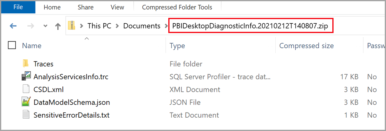 Screenshot of example zip file contents created by diagnostics