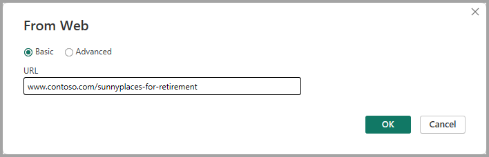 Screenshot of the From Web dialog box showing a connection to the data source from a URL.