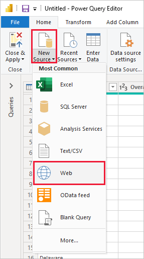 Screenshot of Power B I Desktop showing the Power Query Editor selecting Web from New Source.