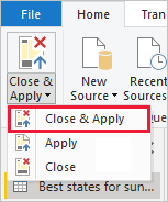 Screenshot of Power B I Desktop showing the Close and Apply Changes option.