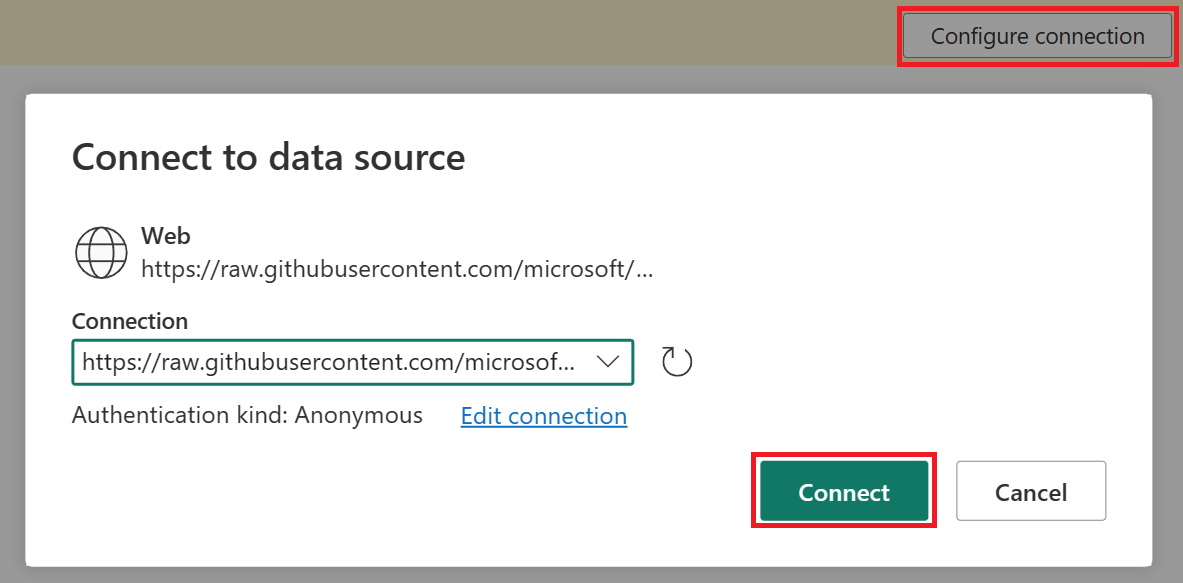 Screenshot of the configure connection menu.