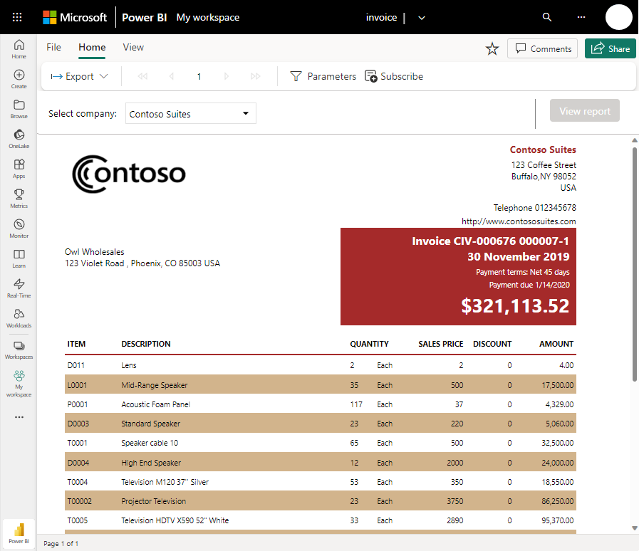 Screenshot of paginated report in the Power BI service.