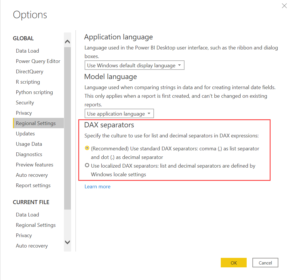 Screenshot of Power BI Desktop showing how to choose the DAX separators.