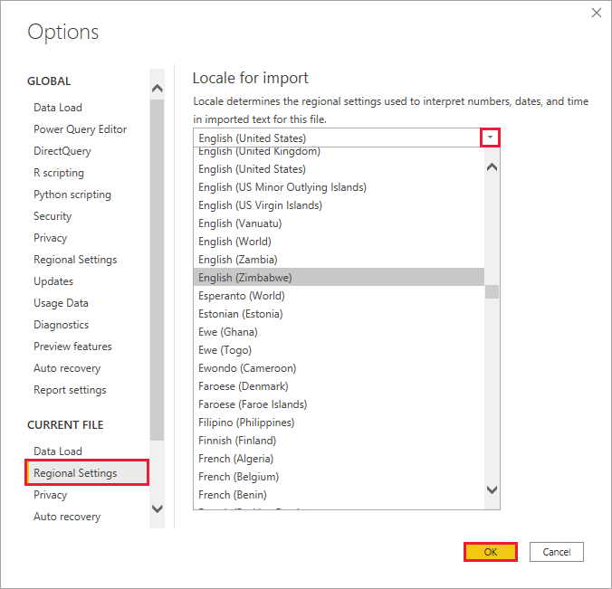 Screenshot of Power BI Desktop showing the Options dialog box.