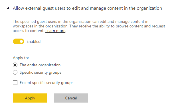 Screenshot of Power BI admin portal showing the "Allow external guest users to edit and manage content in the organization" setting.