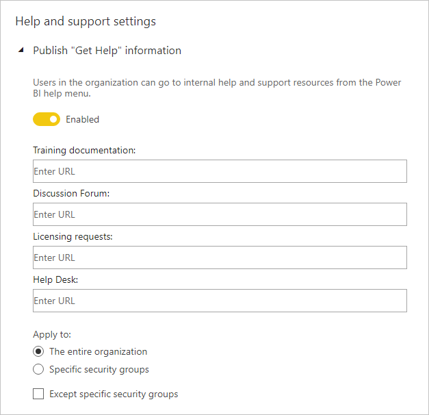Screenshot of Power BI Desktop showing Help and Support settings.