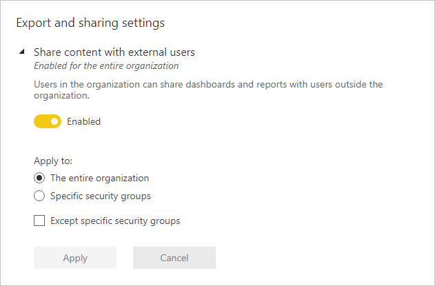 Screenshot of Power BI Desktop showing the "Share content with external users" setting.