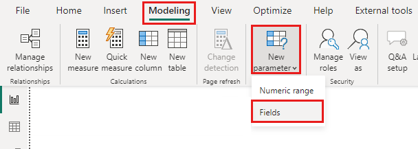 Screenshot shows the Modeling ribbon with the New parameter button selected and Fields highlighted.