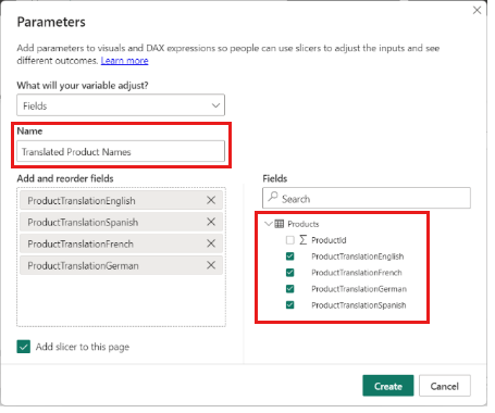Screenshot shows the Parameters dialog box with a name added and several fields selected.