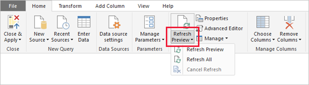 Screenshot of Power BI Desktop showing Power Query Editor commands to refresh preview data.