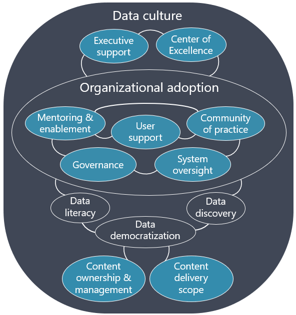 Diagram that shows various relationships and influences in a data culture.