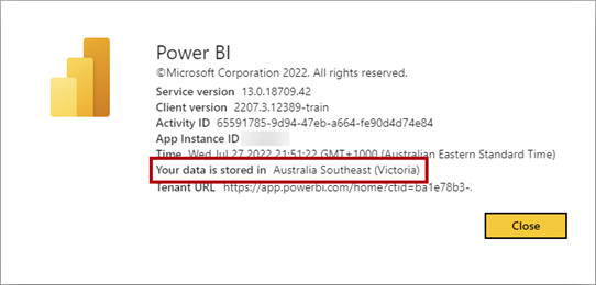 Screenshot of the About Power BI dialog window with the default data region highlighted.