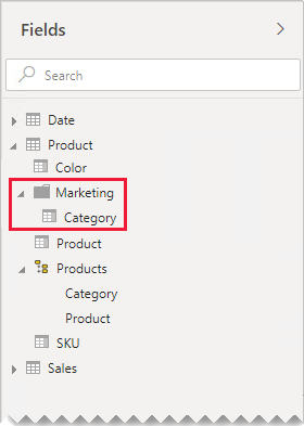 The Fields pane shows the Category field within a display folder named Marketing.
