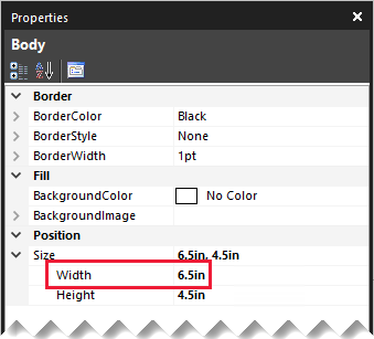Image shows the Properties pane, highlighting the report body width property.