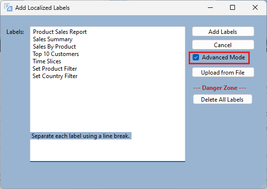 Screenshot shows the Add Localized Labels dialog box with Advanced Mode selected.