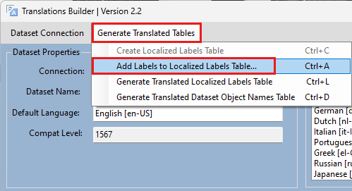 Screenshot shows Translations Builder with Add Labels to Localized Labels Table selected.
