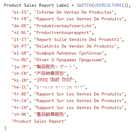 Screenshot shows Product Sales Report Label derived from a SWITCH command in a DAX expression.