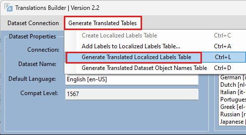Screenshot shows Translations Builder with Generate Translated Localized Labels Table selected.