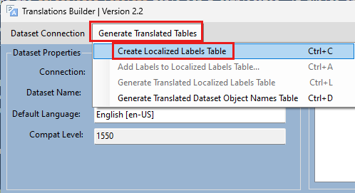 Screenshot shows Translations Builder with the Create Localized Labels Table selected.
