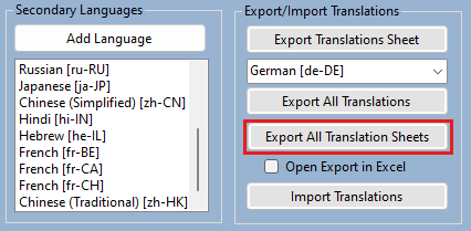 Screenshot shows the Export/Import Translations pane with the Export All Translation sheets option highlighted.