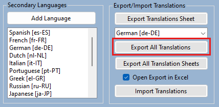 Screenshot shows the Export/Import Translations pane with the Export All Translations option highlighted.