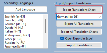 Screenshot shows the Export/Import Translations pane with the Export Translations Sheet selected.