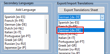Screenshot shows the Export/Import Translations pane with a language selected.