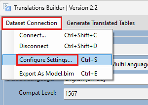 Screenshot shows the Dataset Connection menu with Configure Settings selected.
