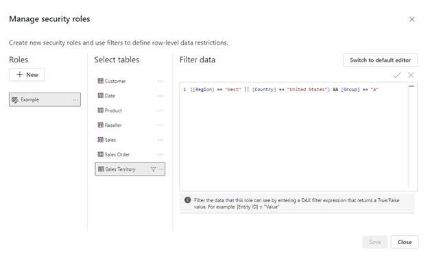 Screenshot of the Manage roles window, highlighting an example DAX expression.