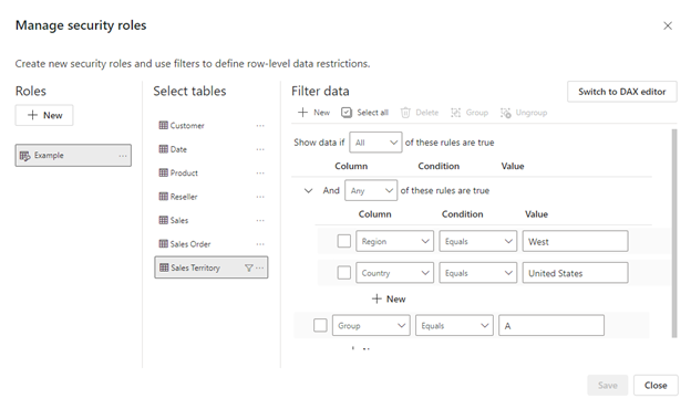 Screenshot of the Manage roles window default editor for defining row level security.